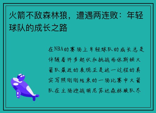 火箭不敌森林狼，遭遇两连败：年轻球队的成长之路